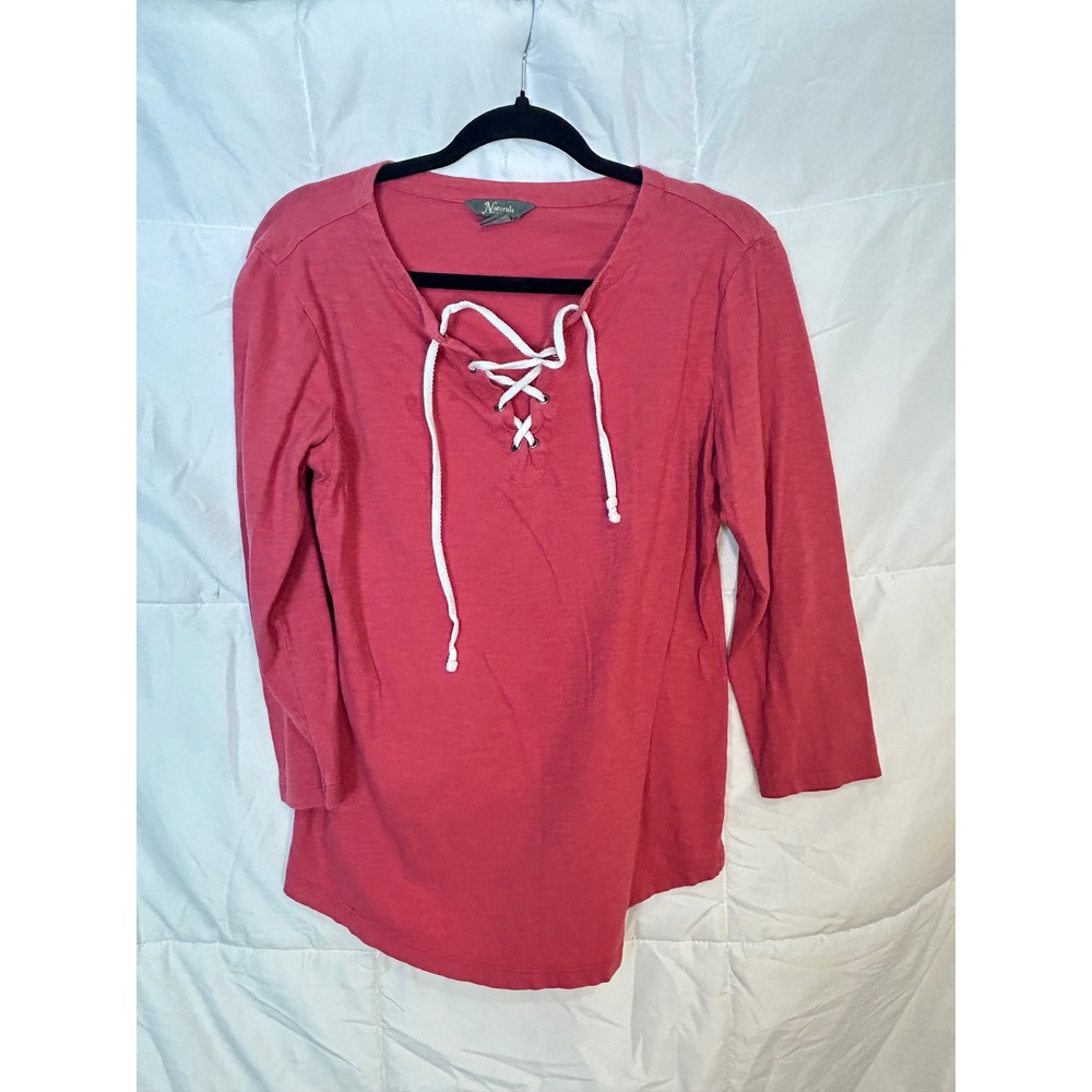 Natural Reflections Red Lace Up Neck 3/4 Sleeve Cotton T Shirt Women's Small